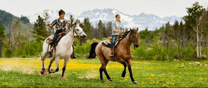 Confident plus-size woman riding Tewkesbury a horse through a field with a smile on her face.